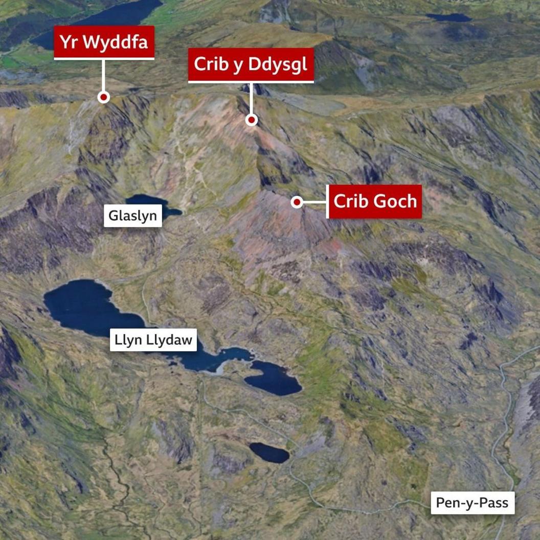 A map showing Yr Wyddfa - pointing at locations including Crib Goch and Pen-y-Pass