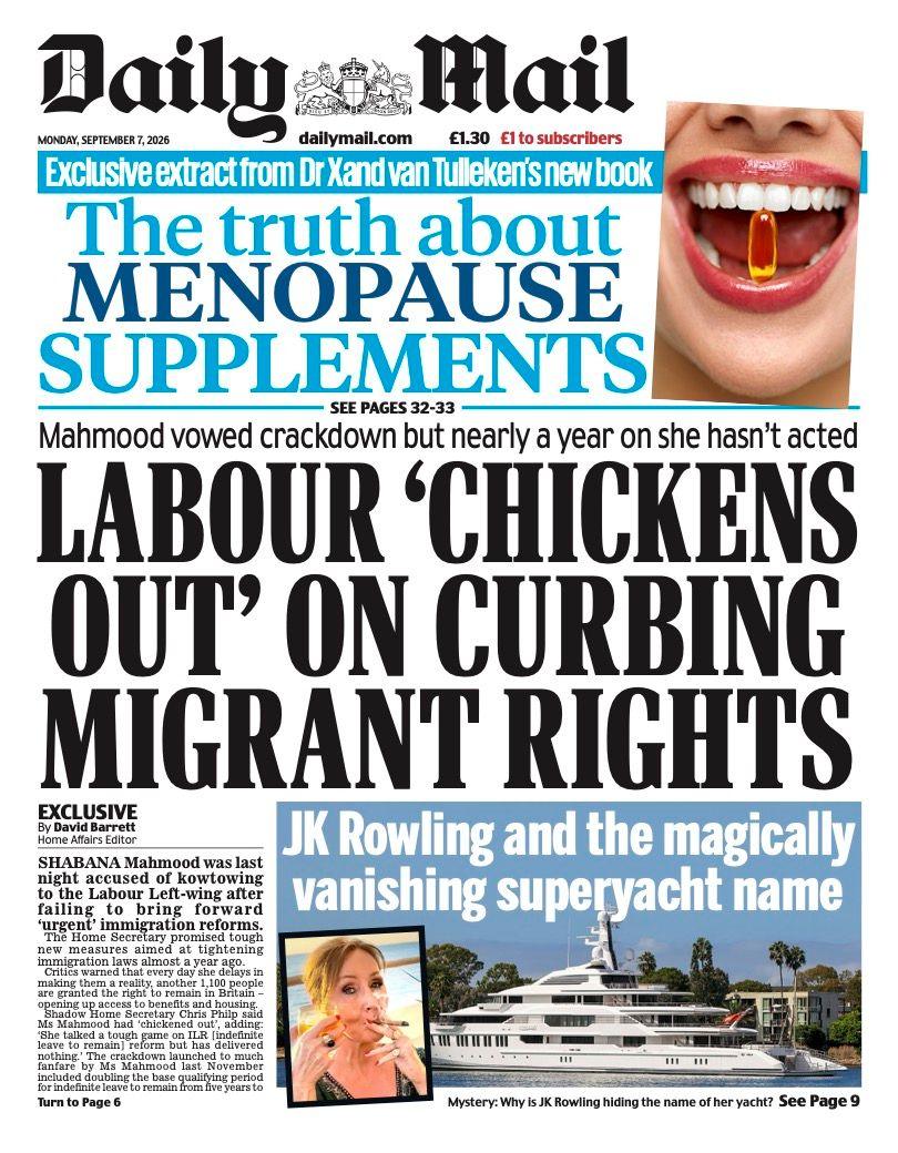 "Labour 'chickens out' on curbing migrant rights" reads the headline on the front page of the Daily Mail.