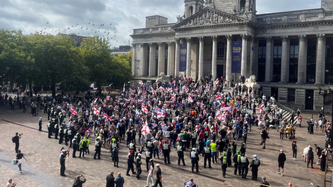 Crowds of protesters in Portsmouth Guildhall square