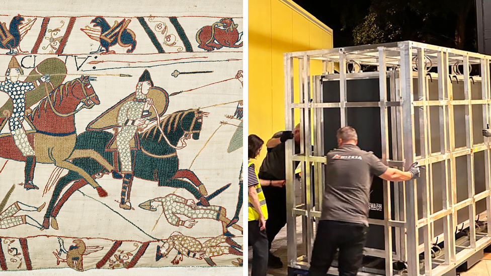 A section of the Bayeux tapestry ( left) and men moving the tapestry in a cage ( right)