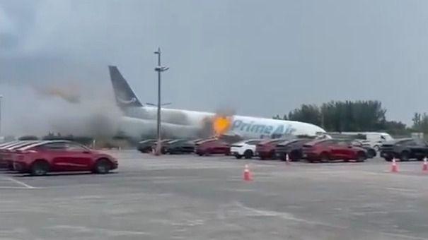 Prime Air plane nose down after crashing at Miami airport.