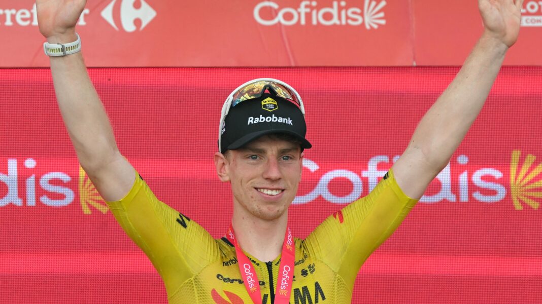Brennan sprints to historic fifth stage win at Vuelta Team Visma-Lease a bike's British rider Matthew Brennan celebrates on the podium after winning the 17th stage of the Vuelta a Espana 2026