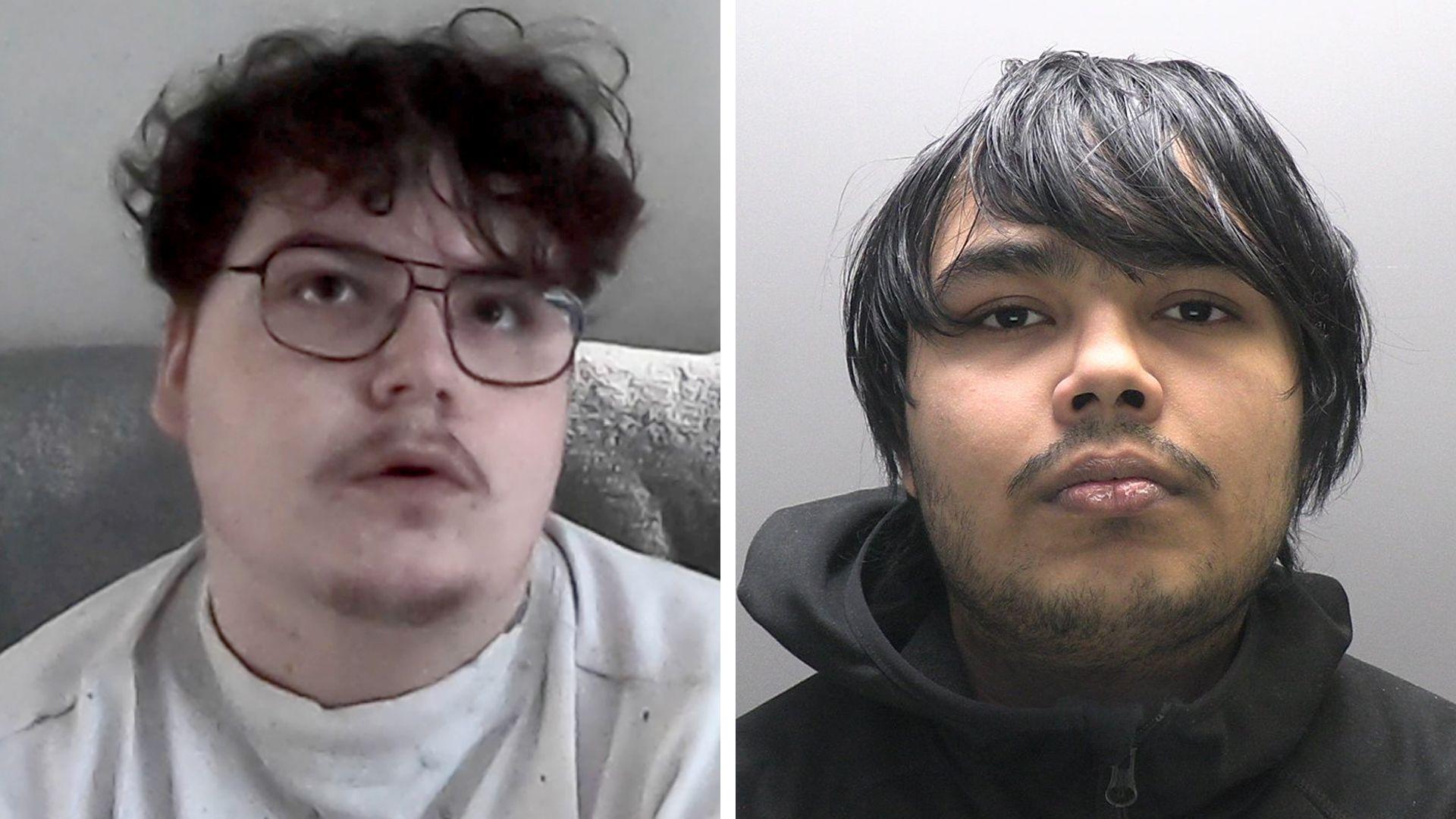 A side-by-side composite of two young men: Owen Flowers on the left has dark curly hair, large aviator-style glasses, and a light moustache, looking slightly upwards in a grey top; the one on the right has straight dark hair swept across his forehead, light facial hair, and looks directly forward in a black hooded jacket.