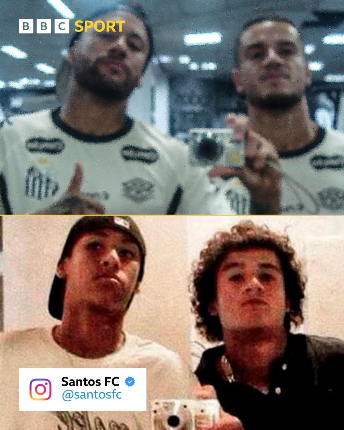 Neymar and Philippe Coutinho re-enacting a photo of themselves as teenagers. They are taking a selfie in a gym mirror giving a thumbs-up.