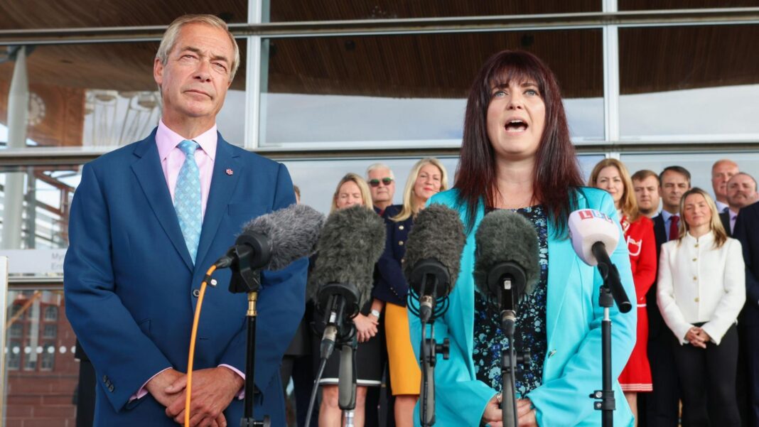 Helen Jenner announced by Nigel Farage as new leader of Reform in Wales Nigel Farage and Helen Jenner speak into a row of microphones as part of a press conference.