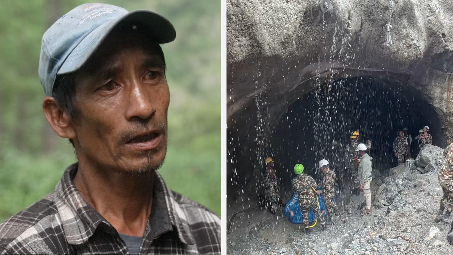 A split screen image. On the right, a Nepalese man wearing a checked shirt and a cap. On the right, water pours down in front of a tunnel.