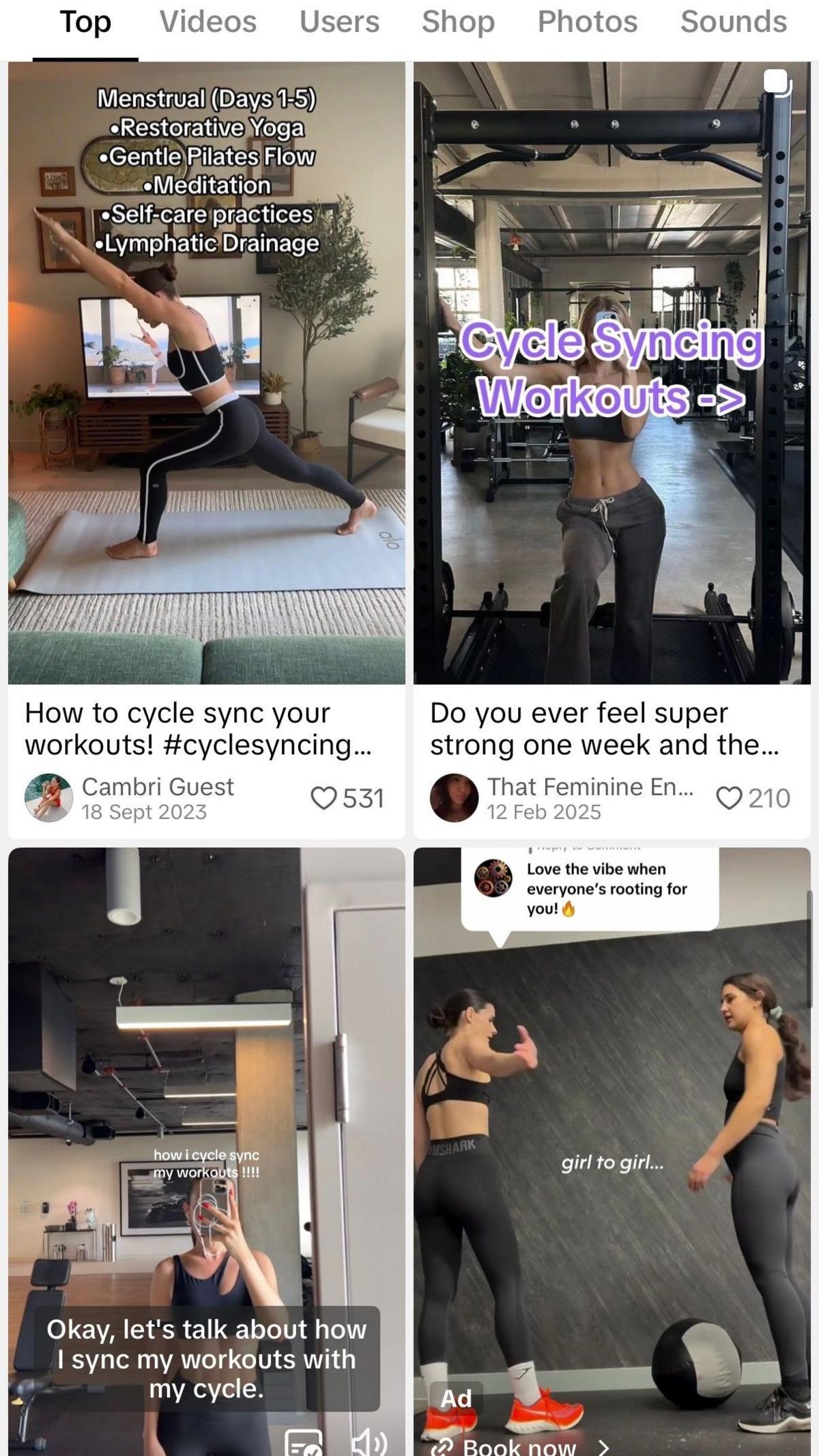 Screenshot of the TikTok search page showing videos in which content creators recommend women sync their workouts to their menstrual cycles