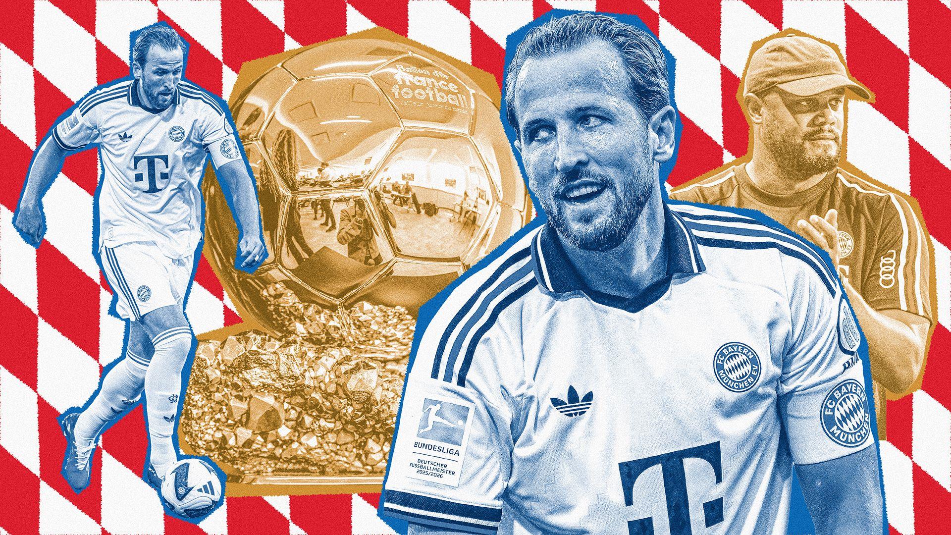 A stylistic collage of Harry Kane, the Ballon d'Or and Vincent Kompany