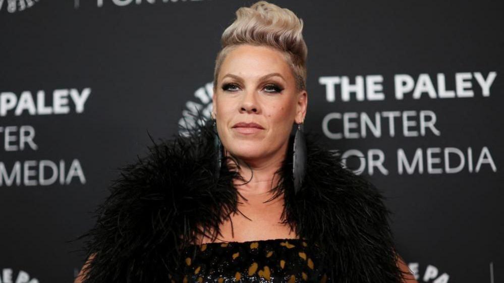 Pink wearing a black, feathery outfit on a red carpet.