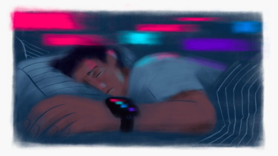 Oura pulls $15bn stock market listing days after announcement An illustration of a man asleep, with a concerned look on his face, wearing a smart watch with four coloured streaks on the screen; the colours seem to be reflecting onto the wall and the man's face and body as he tries to sleep.