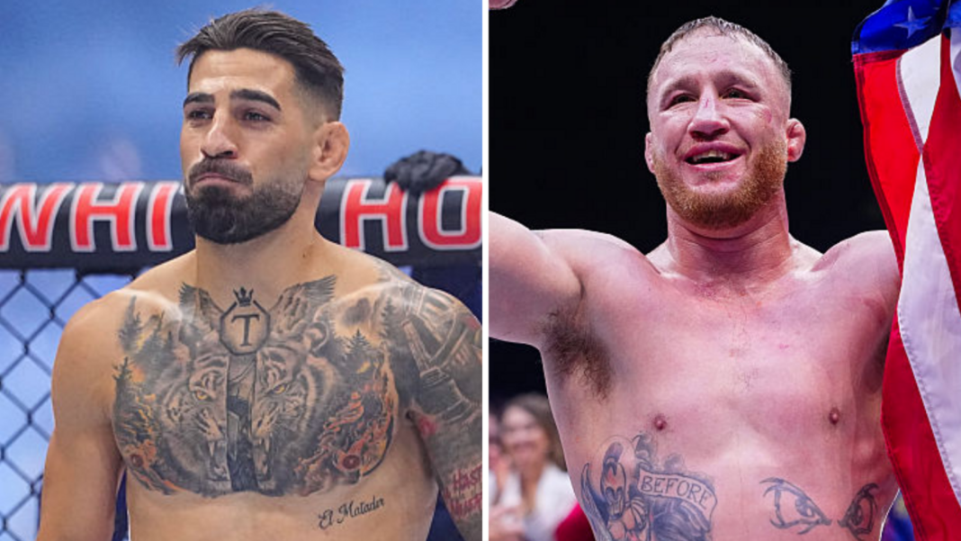 ‘Do better kid’ – Gaethje rejects Topuria’s cheat claim Ilia Topuria is shirtless and smiling and Justin Gaethje is shirtless, smiling and holding a USA flag
