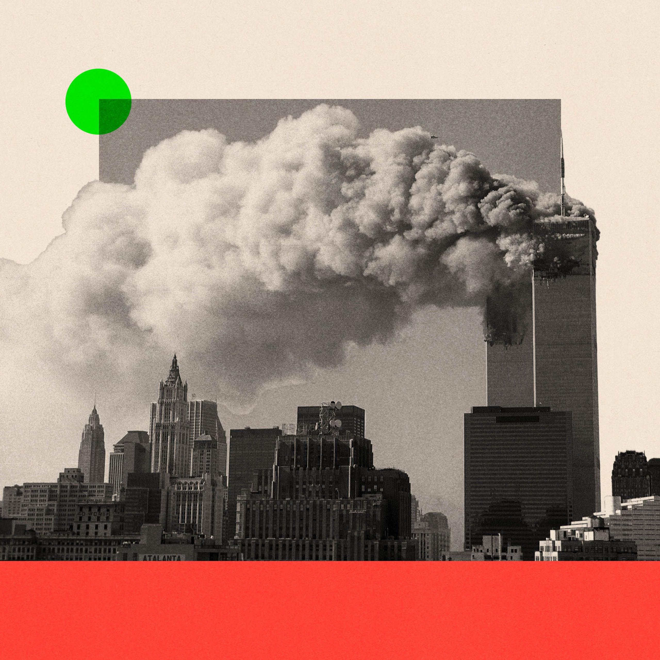 A treated image of smoke pouring from the twin towers of the World Trade Center after they were hit by two hijacked airliners