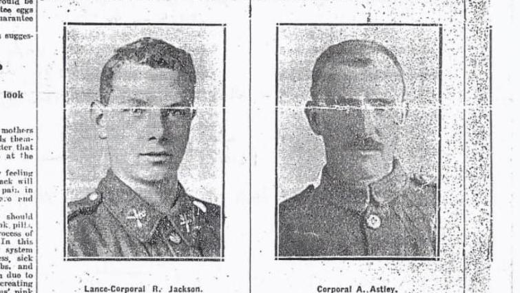 A faded newspaper cutting from the time of World War One. It shows a black and white photo of Jackson's relative Lance Corporal R. Jackson who won an award for bravery. It also shows a photograph of another soldier. Both are wearing military uniforms.