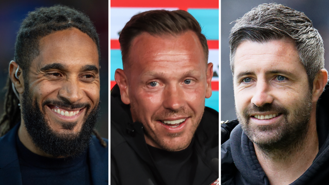 There separate close-up images of Ashley Williams, Craig Bellamy and Alan Sheehan smiling