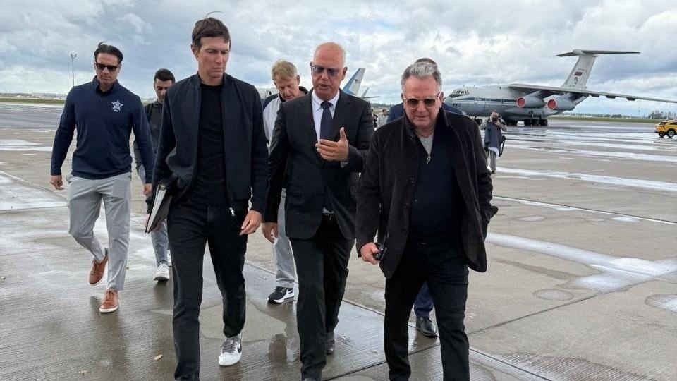 Jared Kushner (left) and Steve Witkoff (right) pictured with Russia's Kirill Dmitriev (centre) on arrival in Moscow