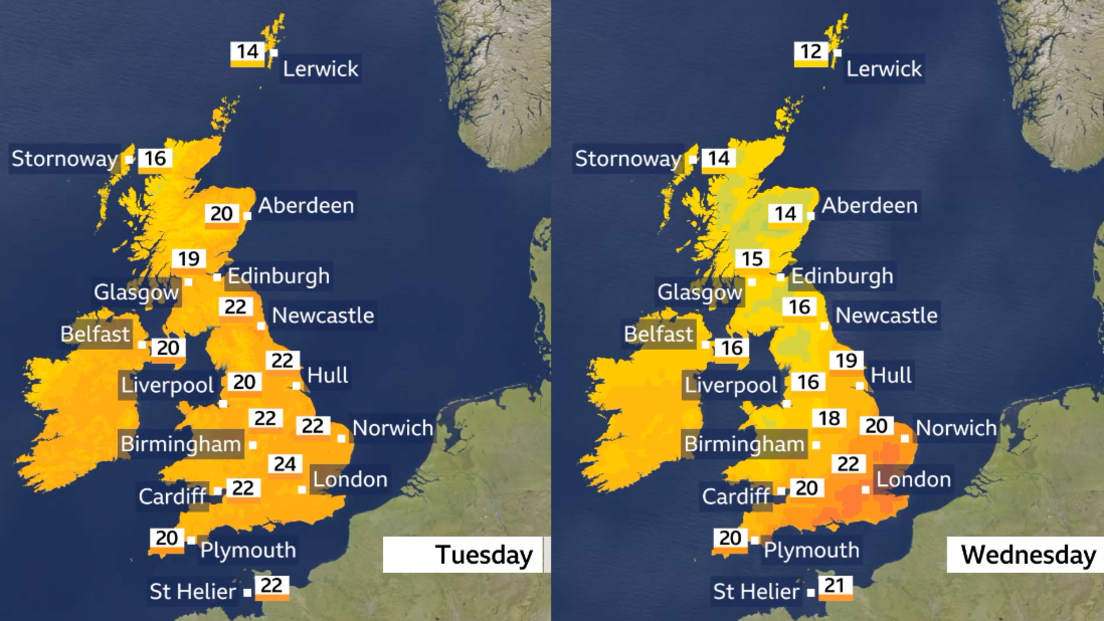 Two graphics showing the temperatures expected on Tuesday - ranging from 20 degrees in Aberdeen and Belfast to 24 degrees in London. And Wednesday, ranging from 14 to 16 degrees in Aberdeen and Belfast to 22 degrees in London.