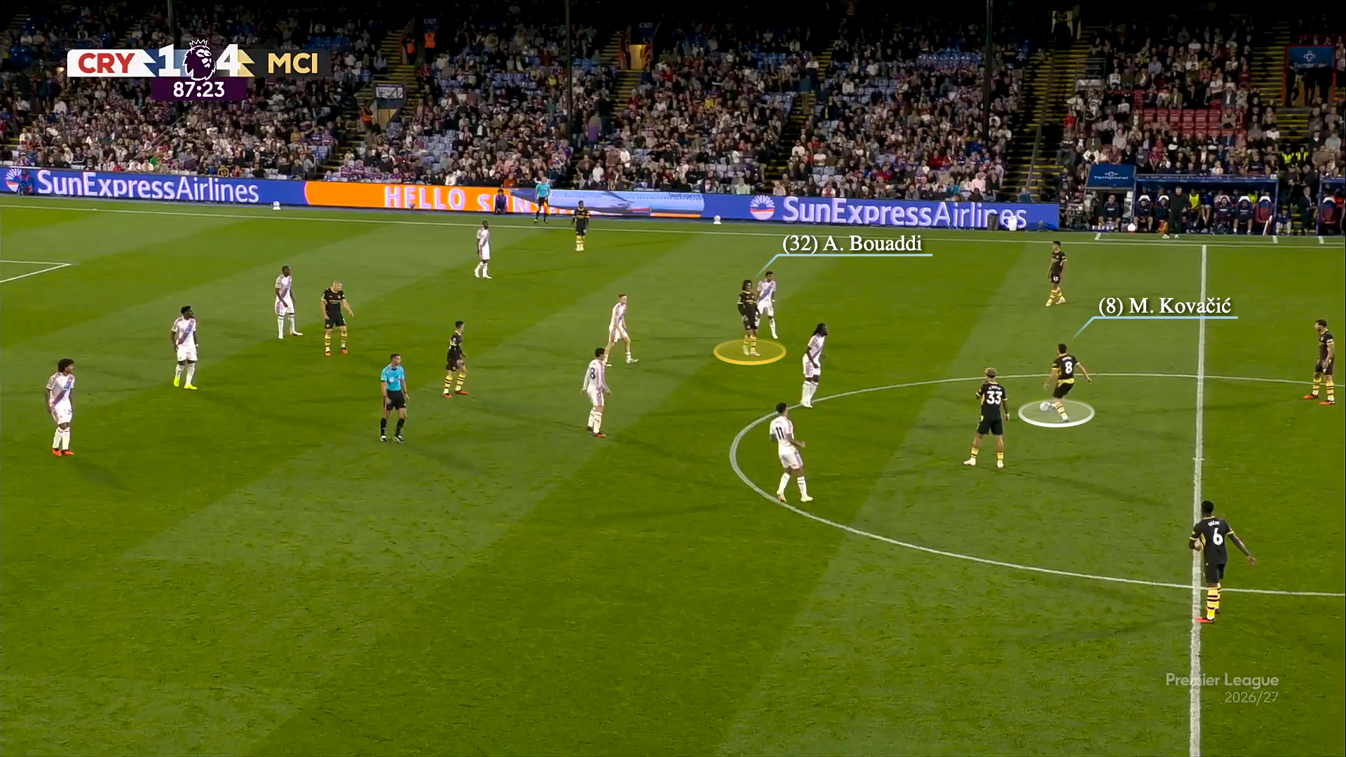 A screen grab from Manchester City against Crystal Palace illustrating their midfield shape focusing on the positions of Mateo Kovacic and Ayyoub Bouaddi.