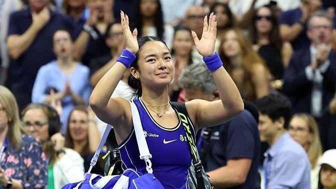 Alexandra Eala waves to fans after losing to Iva Jovic during the 2026 US Open