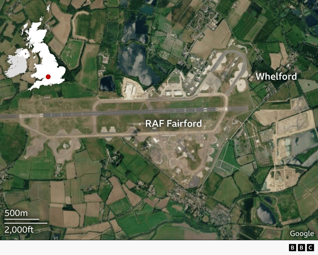 An aerial map of where RAF Fairford is. The RAF base and the village of Whelford are marked.