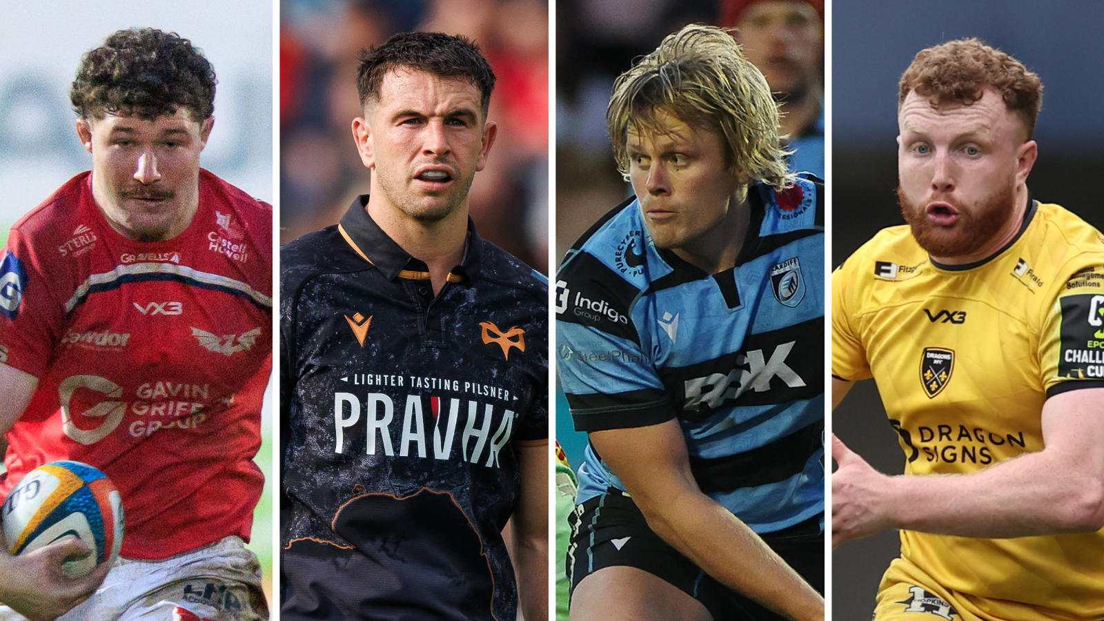 L-R: Scarlets' Fletcher Anderson, Ospreys' Owen Watkin, Cardiff's Dan Thomas and Dragons' Aneurin Owen