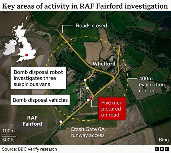 Annotated satellite map titled “Key areas of activity in RAF Fairford investigation.” The map shows RAF Fairford and the nearby village of Whelford in Gloucestershire, with a yellow dashed circle marking a 400-metre evacuation cordon around part of the village and base perimeter. Yellow-highlighted roads through Whelford are labelled as closed. Callouts identify key locations within the cordon: a bomb disposal robot investigating three suspicious vans in Whelford; bomb disposal vehicles parked nearby; and a location on a road near the base entrance where five men were pictured, marked by a red dot and red label. Another annotation marks “Crash Gate 6A runway access” on the southern edge of the base. An inset map of the UK highlights the location of RAF Fairford in south-west England. Scale shown as 100 metres/500 feet. Source: BBC Verify research.
