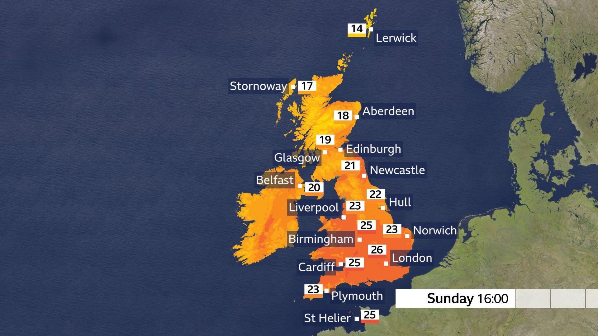 A temperature chart shows a map of the UK and afternoon highs between 14C and 26C north to south
