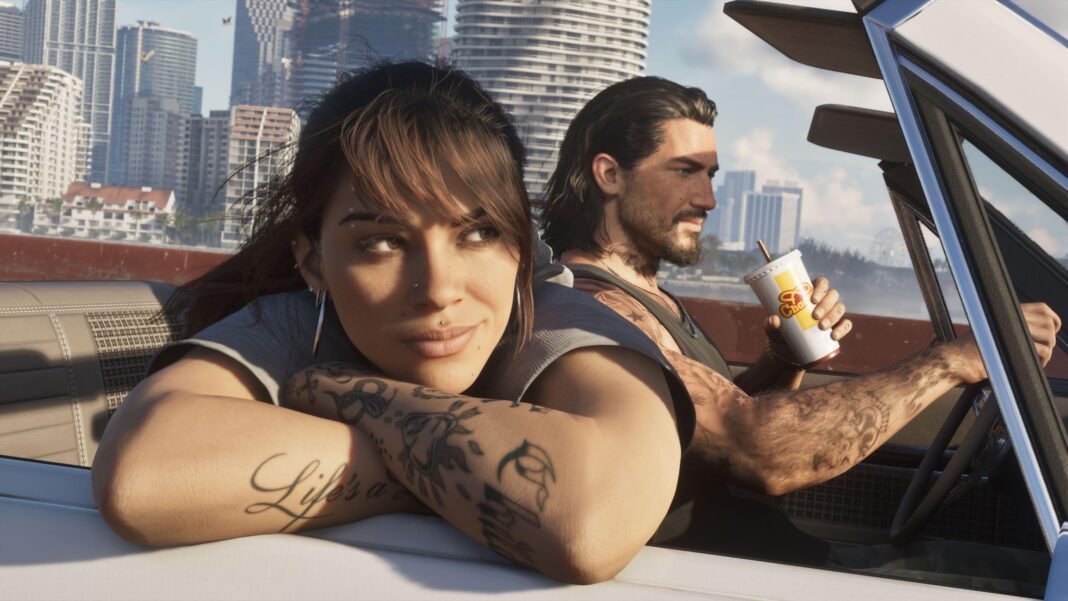 GTA 6 soundtrack reveal revives digital release debate Main characters Jason and Lucia are shown driving along a waterfront in a convertible car. Jason drives, one heavily tattooed arm on the wheel, a soft drink cup in his other hand. Lucia, in the passenger seat, rests her elbows on the car door and stares off dreamily into the distance.