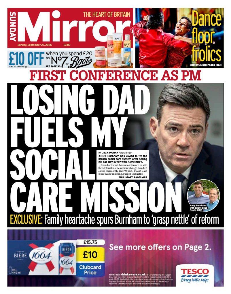 The headline on the front page of the Sunday Mirror reads: 'Losing Dad fuels my social care mission.'