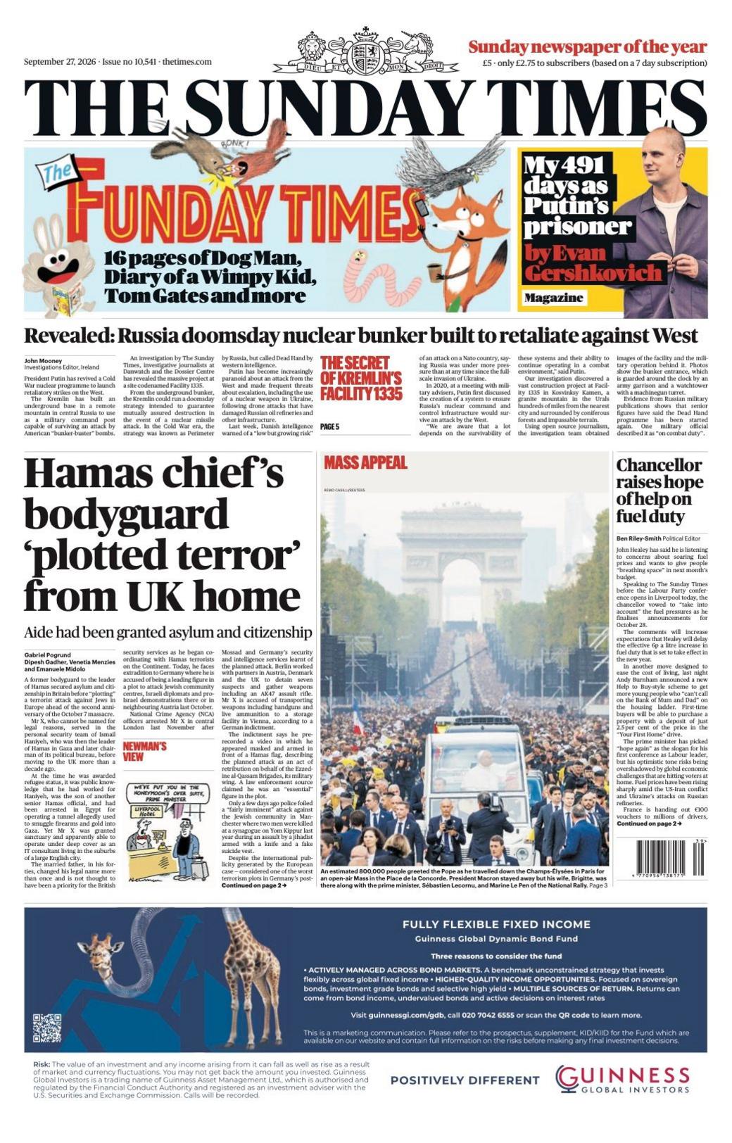 The headline on the front page of the Sunday Times reads: 'Hamas chief's bodyguard "plotted terror" from UK home.'
