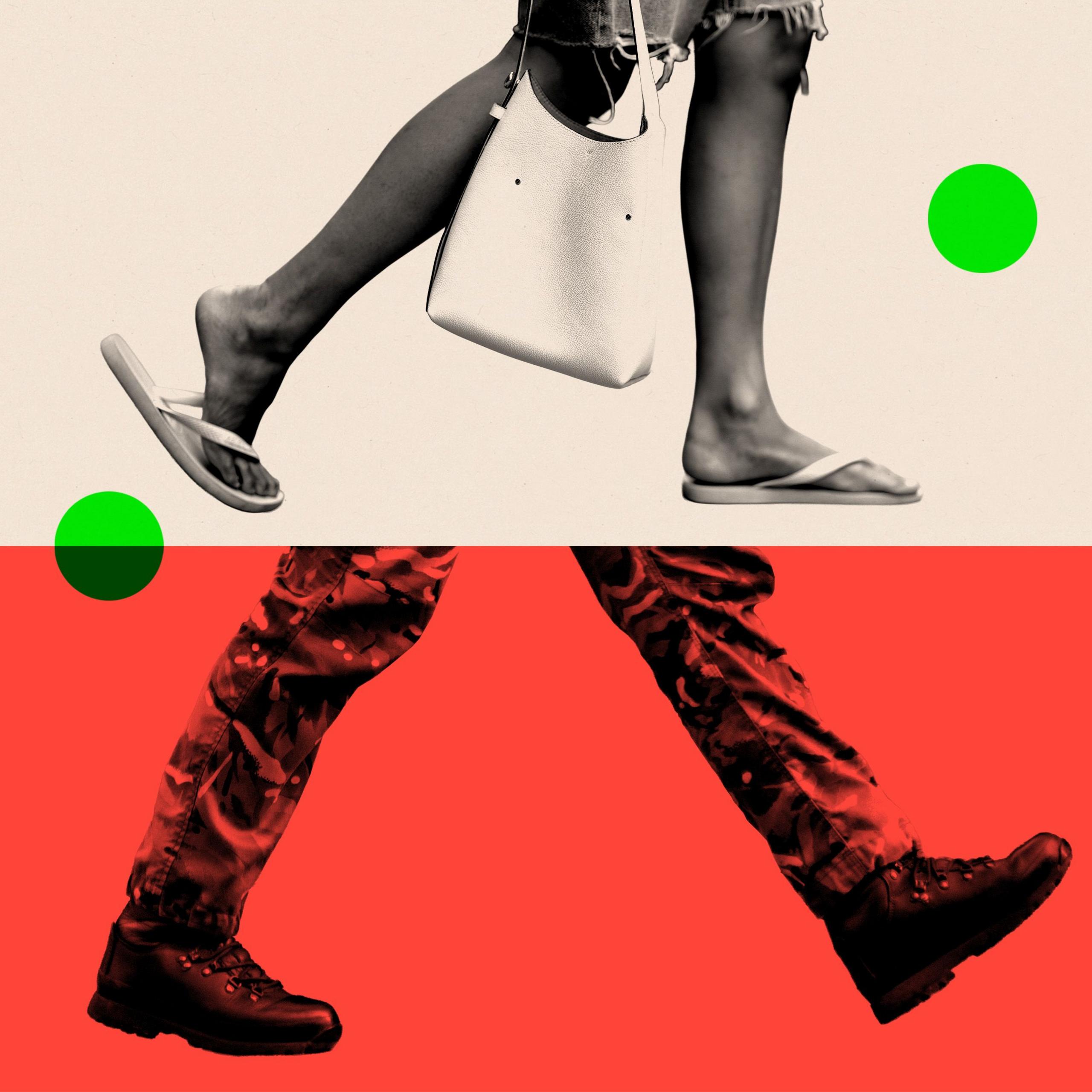 A split image viewed from the waist down. The top half shows a woman walking along a path in flip-flops, carrying a handbag at her side. The bottom half shows a soldier walking in military camouflage trousers and dark combat boots.