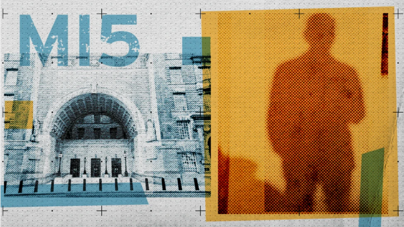 Composite styled image of a shadowy figure, with an orange box around him. The letters MI5 are prominent in the top left of the frame. And the exterior of Thames House in London is also pictured with a light blue colour wash.
