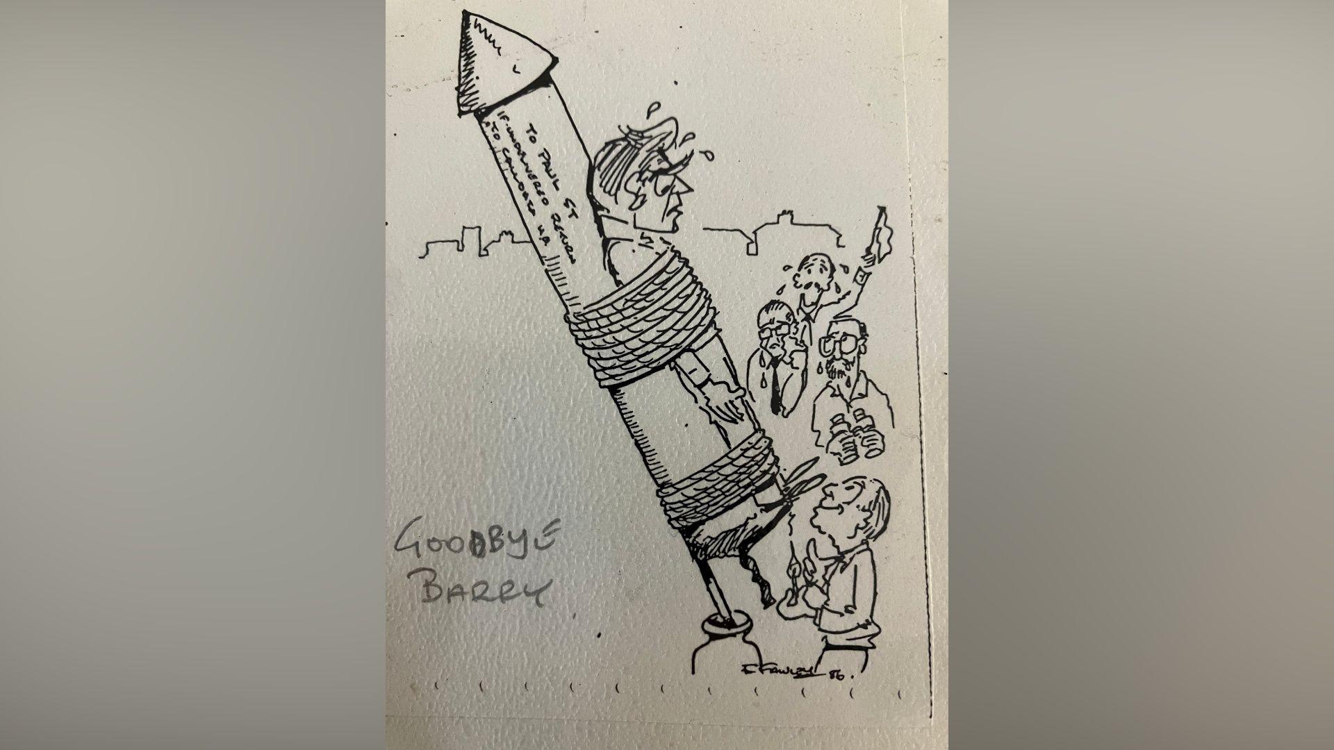 The drawing is vertically oriented and executed in pen and ink. The central feature is a large rocket-shaped object angled upward from lower right to upper left.