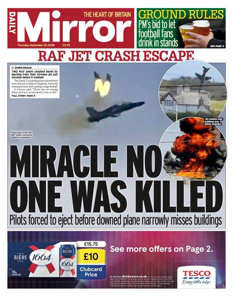 The headline on the front page of the Mirror reads: “Miracle no one was killed”.
