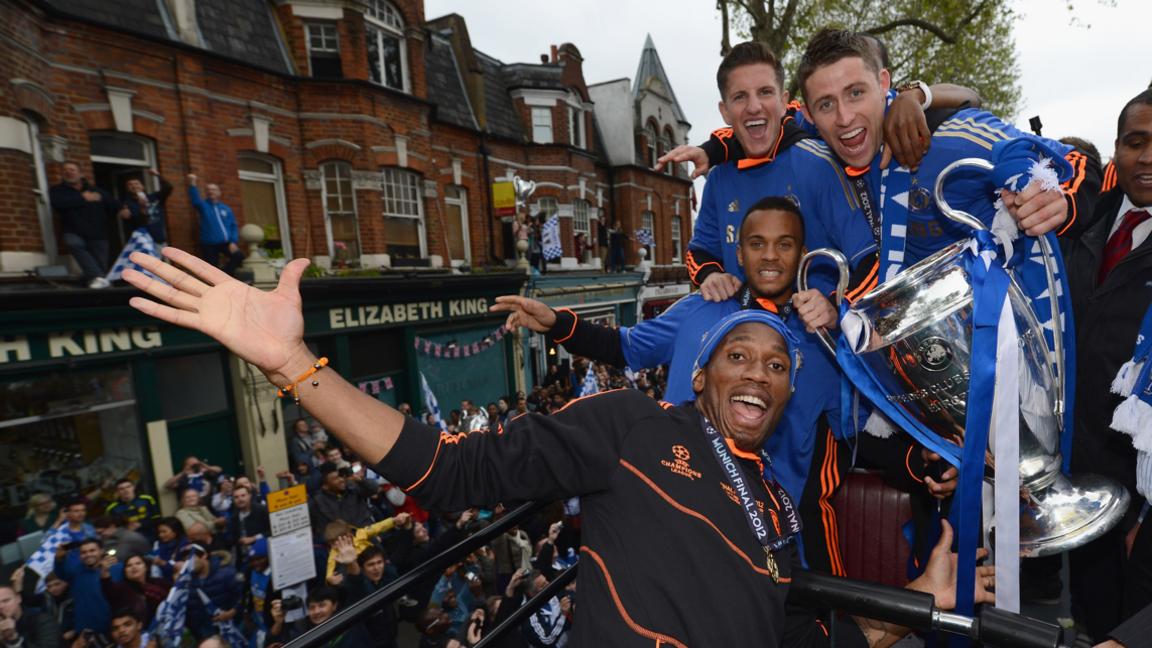 Didier Drogba, Ryan Bertrand, Gary Cahill and Sam Hutchinson of Chelsea during Chelsea's victory parade after winning the Champions League in 2012