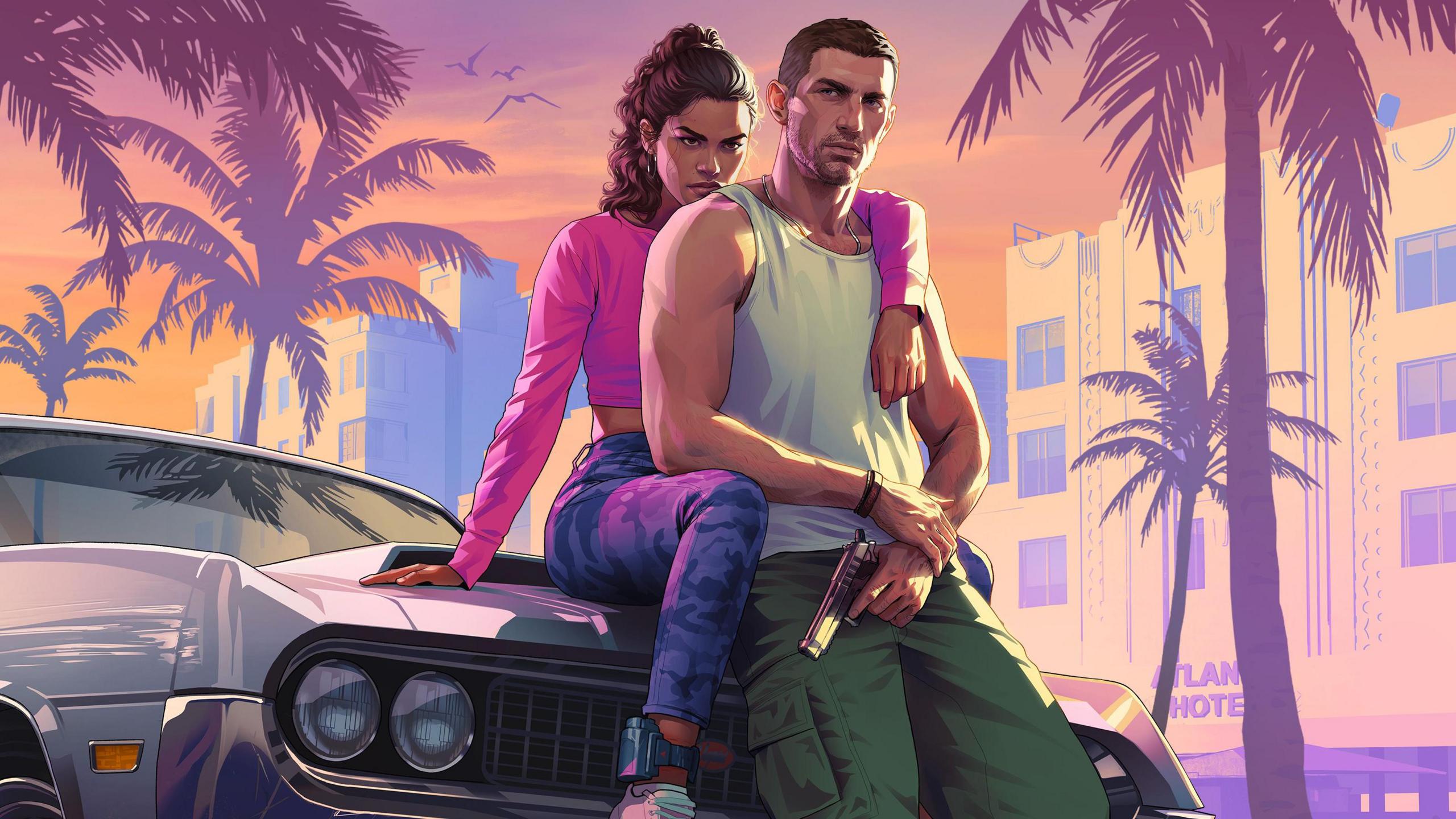 Cover art of the two protagonists in the game, Jason and Lucia, sitting against a car. Jason is in a white tank top and green trousers and is holding a gun. Lucia is behind him with an arm around his shoulder and wearing a pink top and grey trousers.