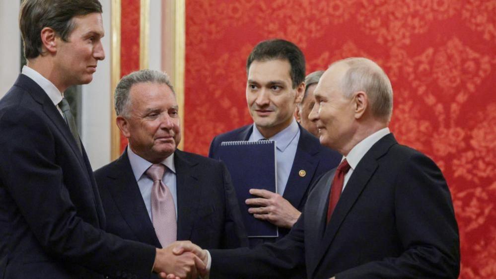 Russian President Vladimir Putin greets Jared Kushner, U.S. President Donald Trump's son-in-law, and U.S. Special Envoy Steve Witkoff during a meeting at the Kremlin in Moscow, Russia