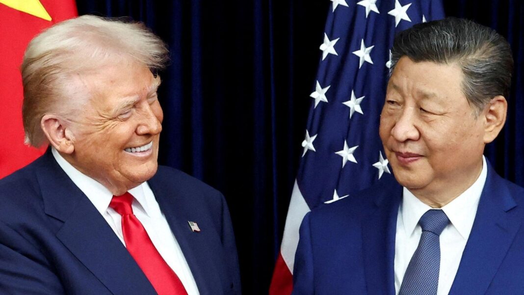 US President Donald Trump and Chinese leader Xi Jinping exchange smiles as they greet each other before a meeting.