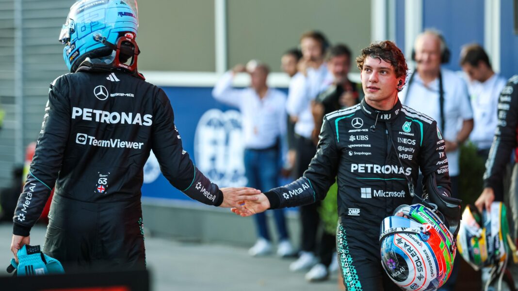 ‘Mr Saturday’ Russell ‘comes through other side after real tough period’ George Russell and Mercedes team-mate Kimi Antonelli brush hands after the Azerbaijan Grand Prix