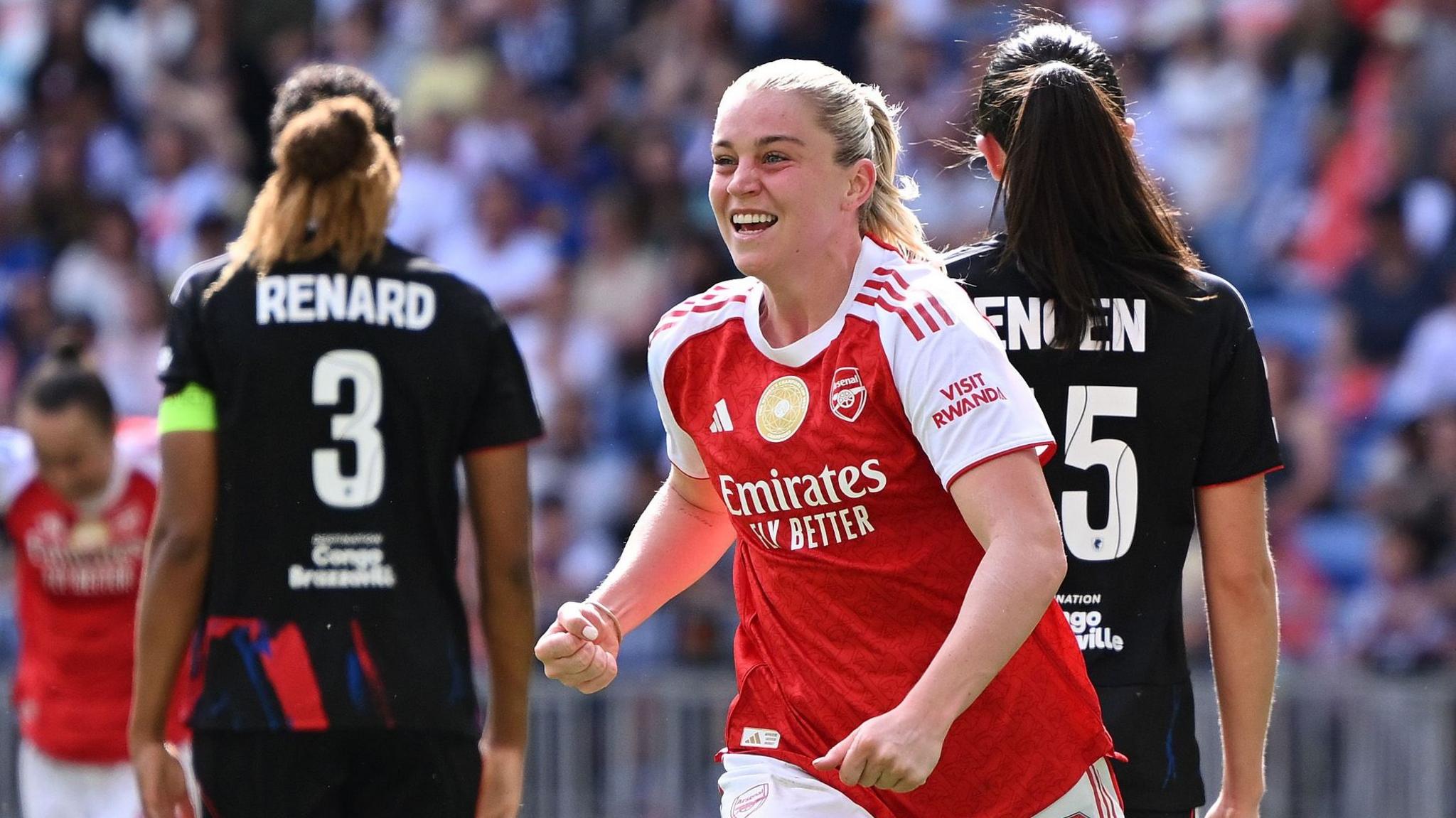 Arsenal striker Alessia Russo celebrates scoring against Lyon
