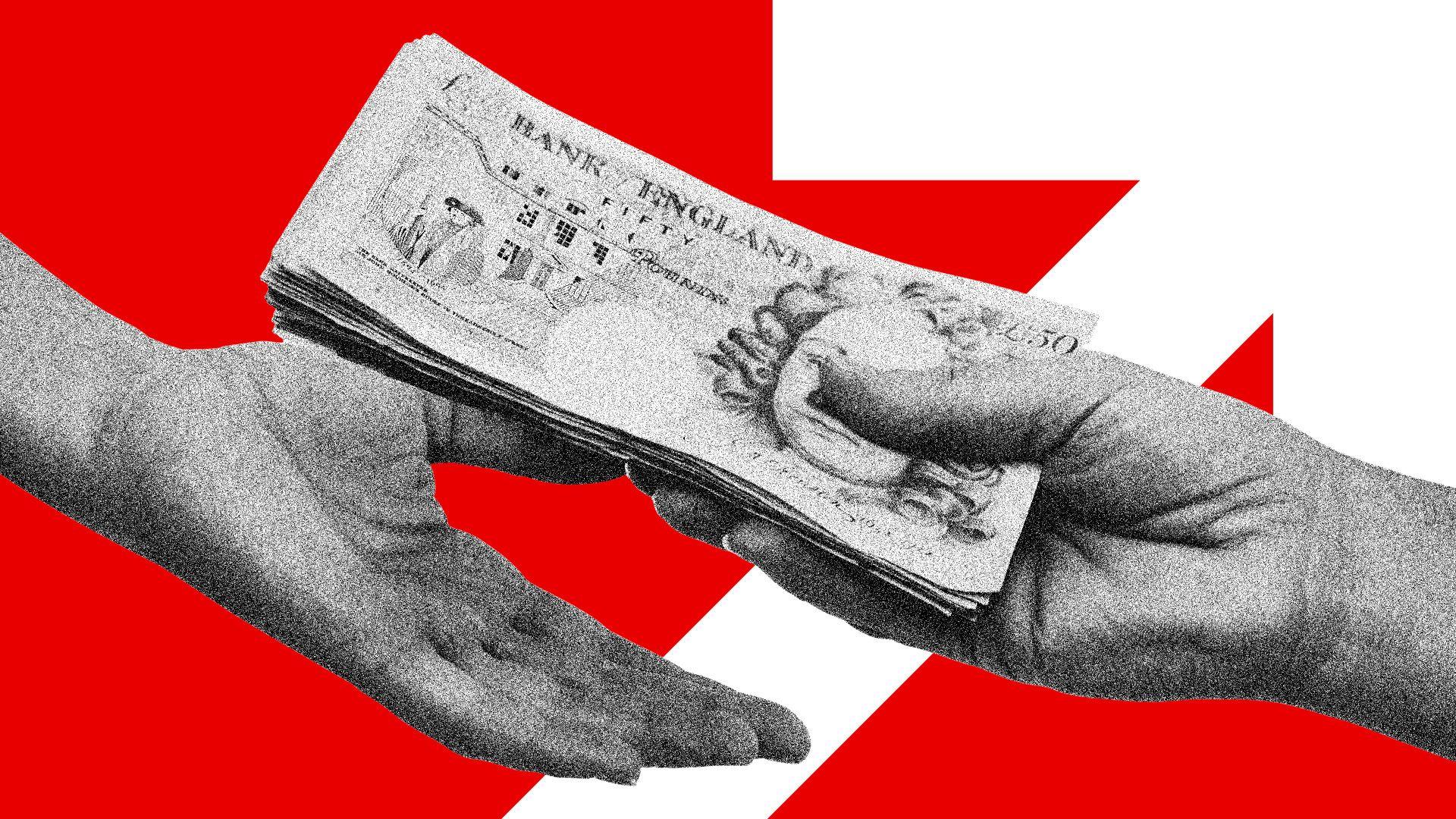 Money changing hands from one person to another.