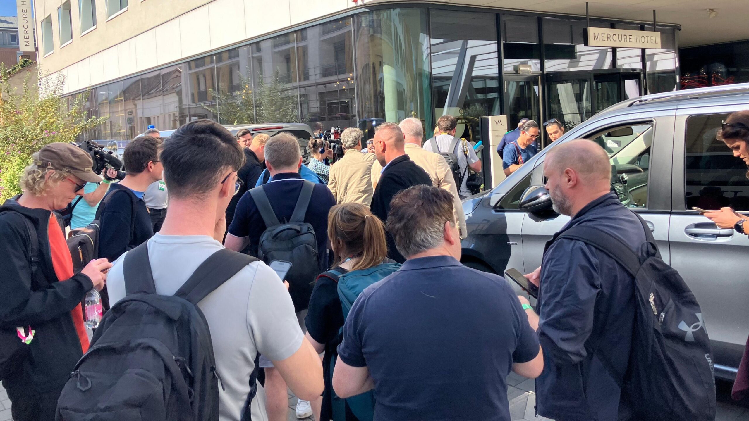 Reporters outside the Republic of Ireland team hotel in Debrecen