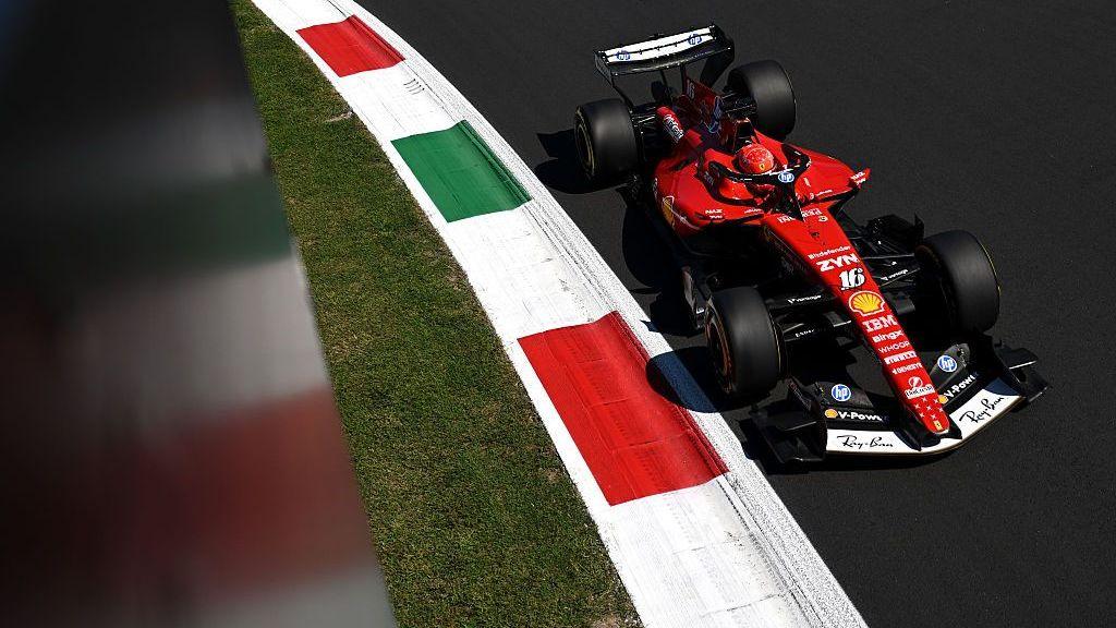 Charles Leclerc on track in his Ferrari during Italian Grand Pric first practice