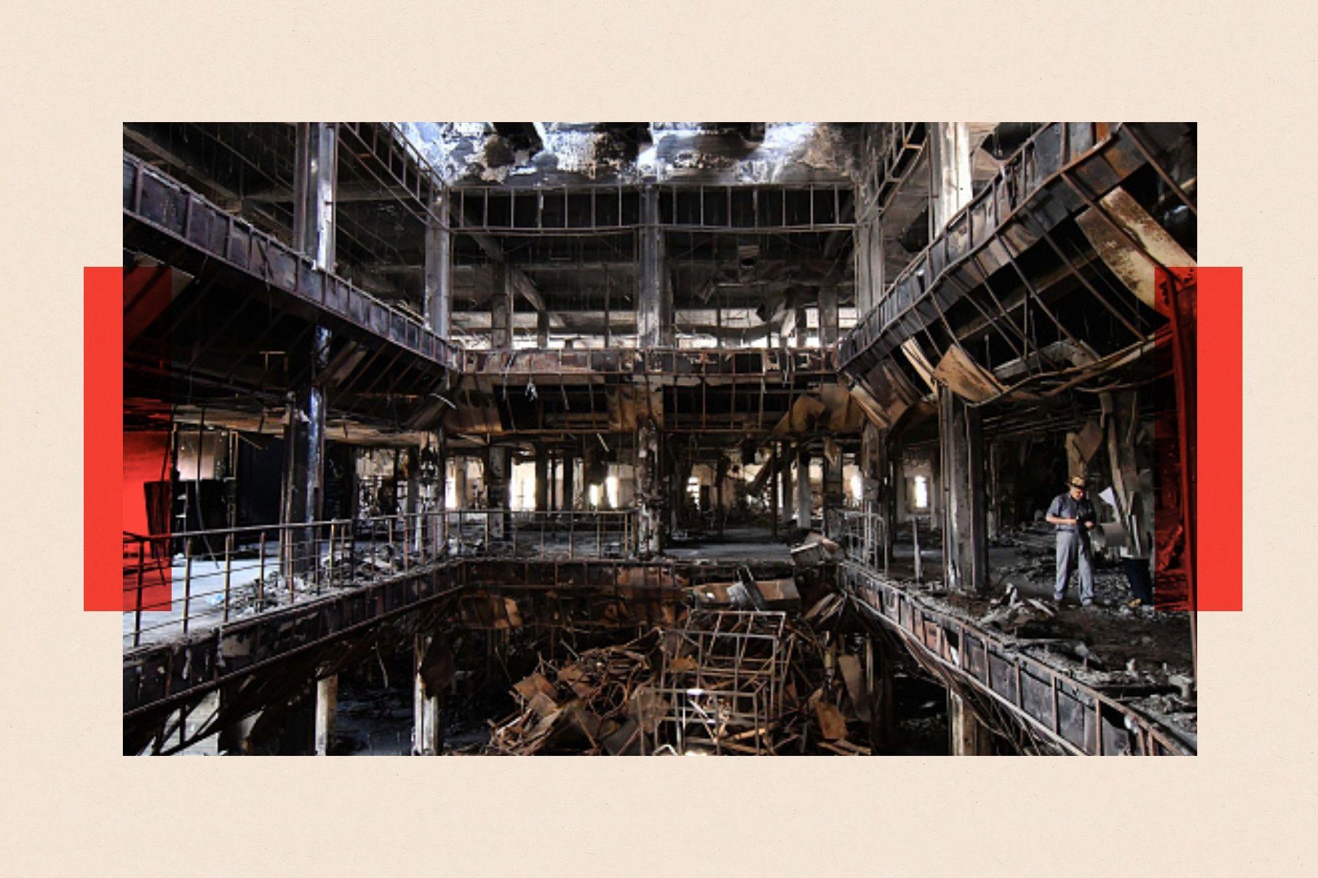 A general view of the burnt Mosul University Central Library