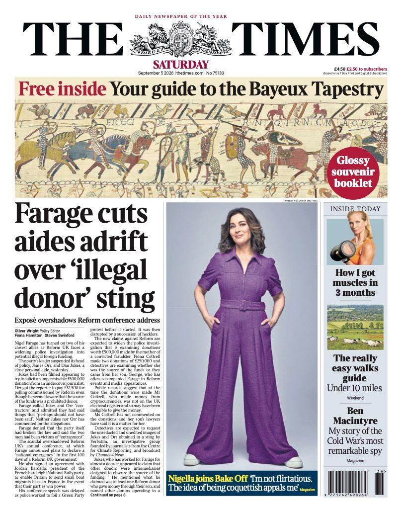 The headline on the front page of the Times reads: “Farage cuts aides adrift over 'illegal donor' sting”.
