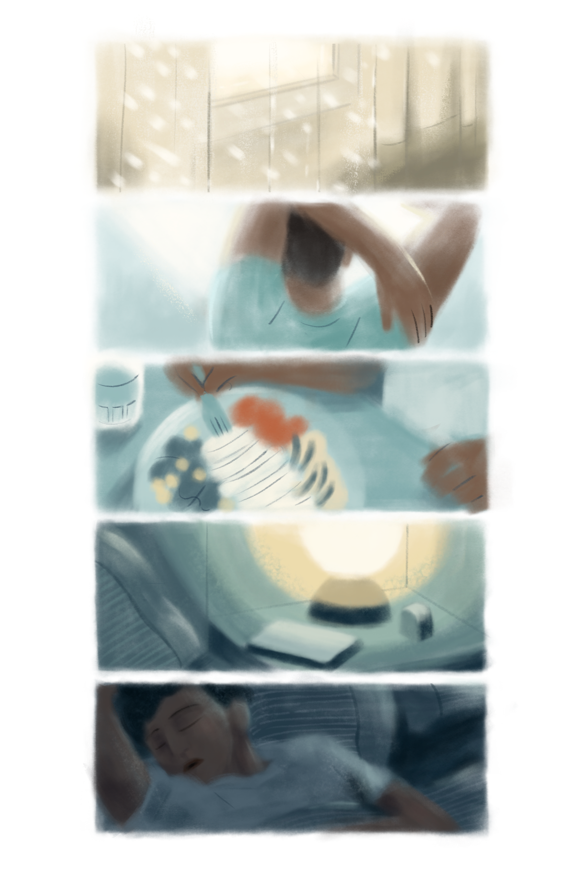 Five illustrations showing the different tips Alanna Hare recommends for good sleep