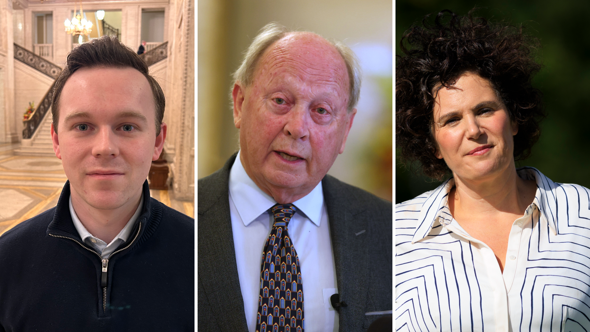Eoin Tennyson has short brown hair and is in a fleece and shirt. Allister has grey hair on the side of his head and is wearing a suit.  Claire Hanna, who is wearinga  striped white and blue top, has brown hair.