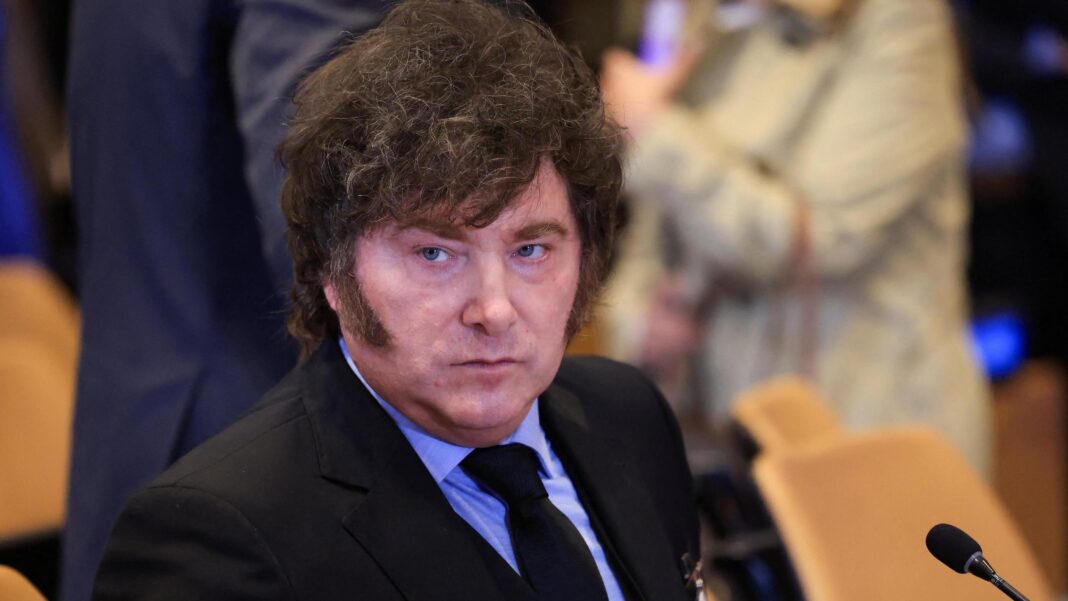 Argentina's President Javier Milei attends a meeting of the multinational political and security coalition 