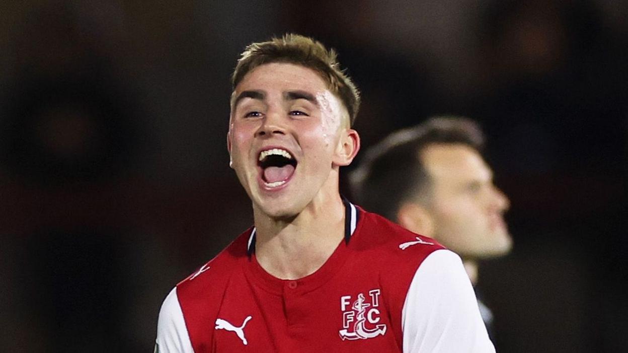 Harrison Neal of Fleetwood Town celebrates