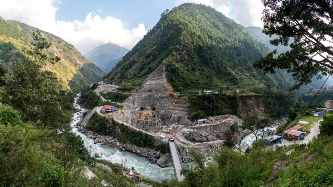 The construction of a hydropower site in Syabrubesi in Nepal