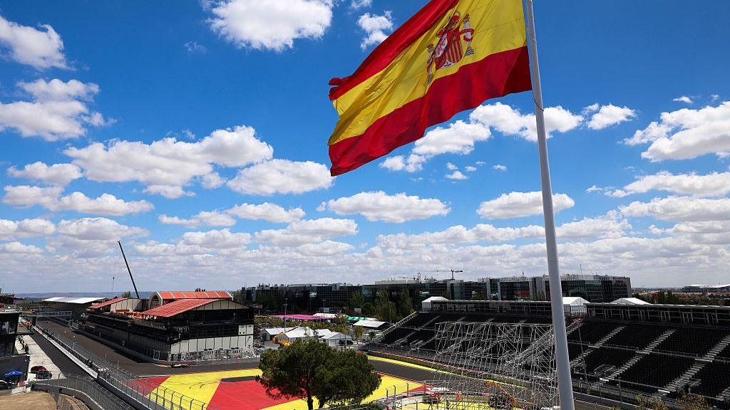 A general view of the Madring circuit with the Spanish flag flying above the circuit and grandstands